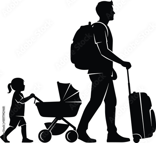 Father traveling silhouette with child pushing stroller and luggage, family journey concept, parenting and travel lifestyle illustration isolated on white background