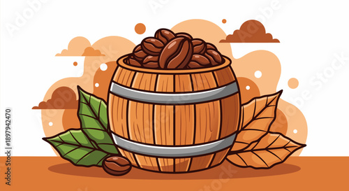 Vector illustration of a wooden barrel overflowing with roasted coffee beans, surrounded by coffee leaves, in a warm, earthy color palette