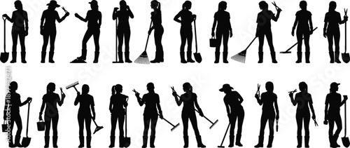 Gardening woman silhouette set with tools, female gardener poses for outdoor work, landscaping and agriculture concept illustration isolated on white background