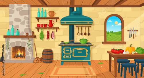 Rustic kitchen interior, vector illustration, cozy fireplace and stove, country house scene with window view of green fields and blue sky