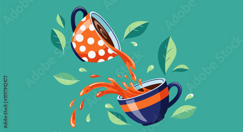 Enjoying a hot beverage with this delightful vector illustration of tea being poured from one cup to another amidst green leaves, perfect for showcasing hospitality