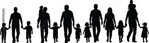Happy family silhouette set walking together with parents and children, bonding concept, love and care illustration, people relationship isolated on white background