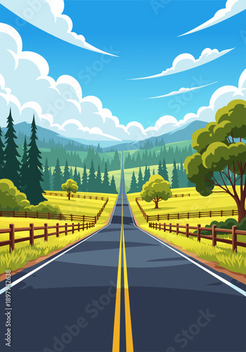 Scenic Countryside Road Vector Illustration - Endless Journey Through Lush Green Fields and Tall Pine Trees