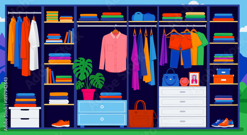 Organized Closet Vector Illustration with Clothes and Accessories, Stylish Home Storage Solution