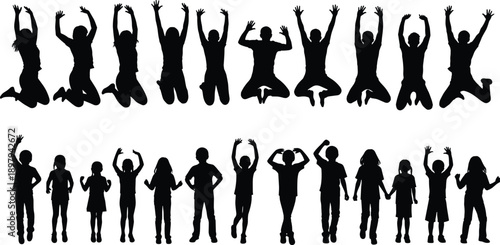 Happy people silhouette set jumping with raised arms, celebration and joy concept, group activity illustration for success, freedom and positive lifestyle isolated on white background