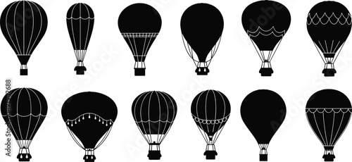Hot air balloon silhouette set, black vector illustration collection, flying balloon shapes, travel adventure design elements, isolated on white background for graphic use