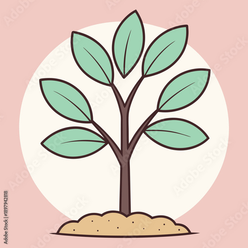 Symmetrical plant icon with green leaves on brown stem growing from fertile soil pile set within round frame against soft pink background