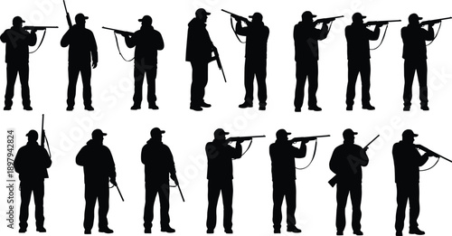 Hunter silhouettes with rifles and shotguns, shooting poses collection, outdoor hunting concept, firearm sports illustration, black vector set isolated on white background