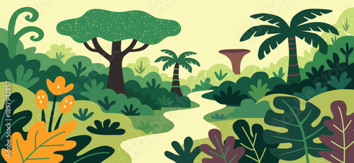 vibrant tropical green forest background ,lush foliage , nature landscape , summer travel, holiday vacation,  jungle adventure, flat vector art design