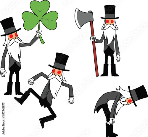 Creepy cartoon leprechaun character set illustration, spooky Irish folklore figures with clover and axe, dark fantasy vector isolated white background