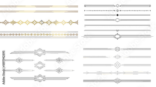 Minimal ornamental dividers and elegant horizontal line borders in gold silver and gray. Clean decorative elements for modern branding editorial layouts and graphic design projects.