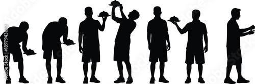 Man eating silhouette set holding food plates, different poses for restaurant, dining concept, waiter, customer behavior illustration isolated on white background