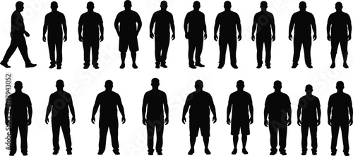 Man silhouette set with different standing body types, male human figures collection for character design, anatomy reference illustration isolated on white background