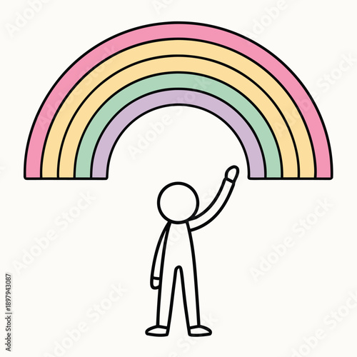 Minimalist stick figure reaching for large colorful rainbow arching overhead vector illustration showing ambition and reaching for dreams