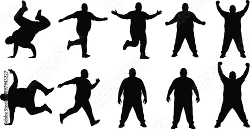 Man dancing silhouette set with energetic poses, breakdance and freestyle movements, hip hop dancer collection, human action illustration isolated on white background