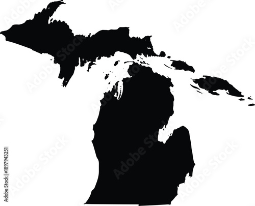 Michigan state map silhouette vector, black geographic shape of US state, minimal flat design, isolated outline for mapping, infographic and navigation use