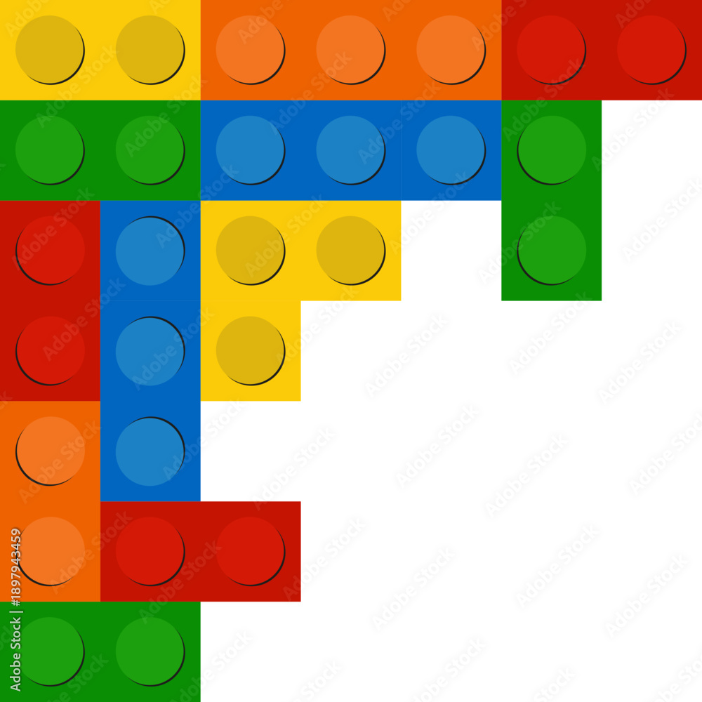 Fototapeta premium Colorful bricks arranged in a creative pattern on a white background, showcasing a fun and playful design with various shapes and colors.