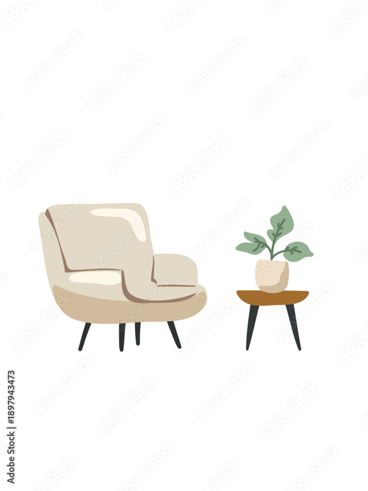 Fototapeta premium cozy beige armchair with side table and flower