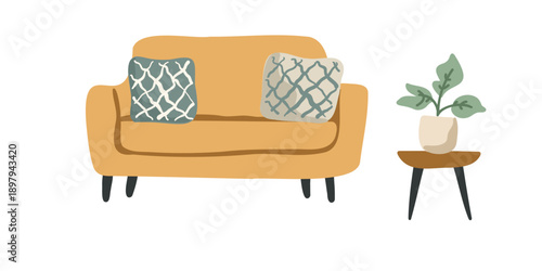 comfortable lounge yellow sofa with houseplant next to it