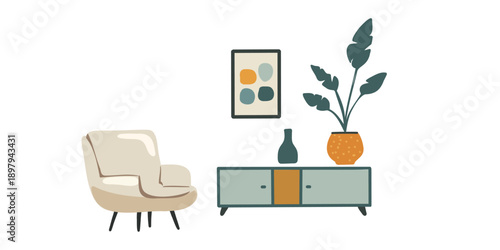 modern living room interior with armchair and cabinet