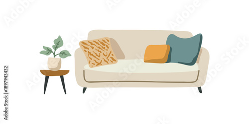 warm scandinavian sofa with flower pot nearby