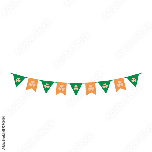 Vibrant St. Patrick's Day banner with green and orange flags featuring shamrocks, hanging decoration for festive celebrations and Irish heritage