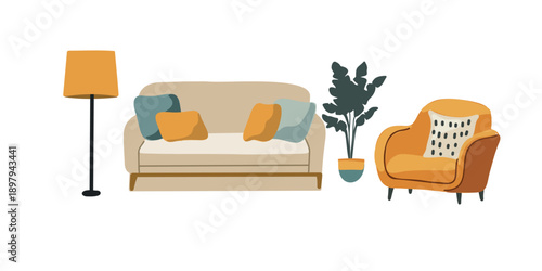 modern living room interior with sofa and armchair