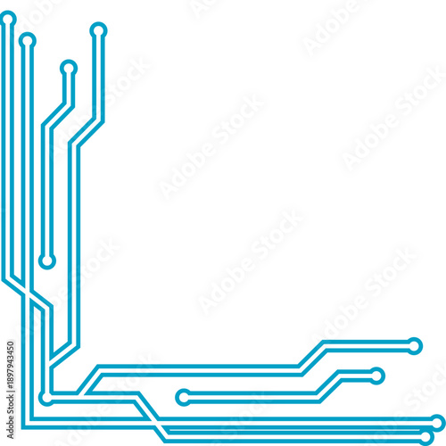 Blue circuit board lines and pathways on a white background, representing technology and electronic design, with a focus on innovation and digital connectivity solutions.