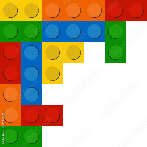 Colorful Lego bricks arranged in a creative pattern on a white background, showcasing a fun and playful design with various shapes and colors.