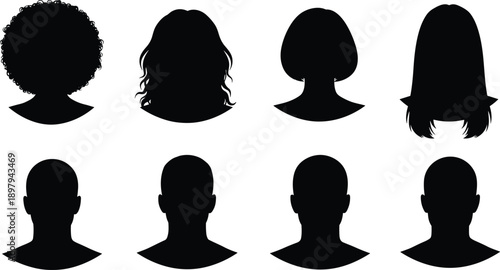People head silhouette set with different hairstyles, male and female profile icons, avatar collection for user interface and identity design isolated on white background