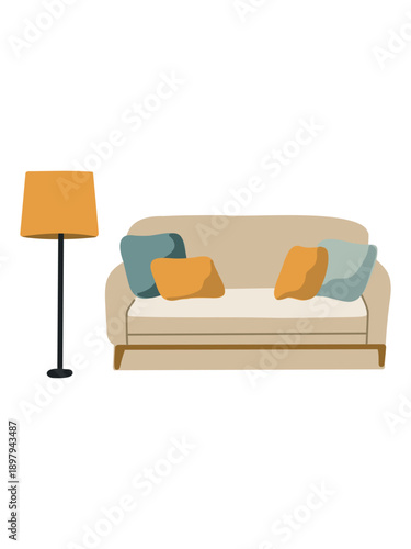 comfortable living room beige sofa with floor lamp