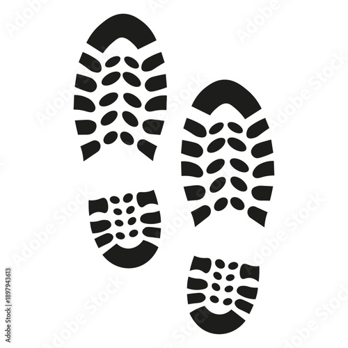 Black footprints and shoe prints in various orientations on a white background, isolated vector illustration of human foot marks and shoe sole patterns.