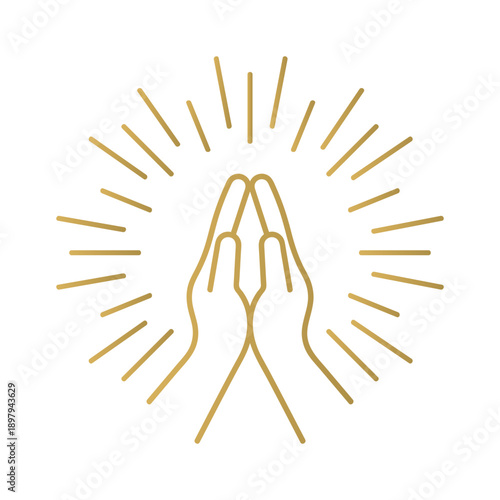 Praying hands icon with golden lines forming sunburst on white background, symbolizing hope, faith, and spirituality in a simple minimalist illustration style.