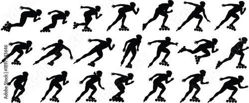 Roller skating silhouette set with speed skater poses, inline skating action collection, extreme sport movement, athlete illustration isolated on white background