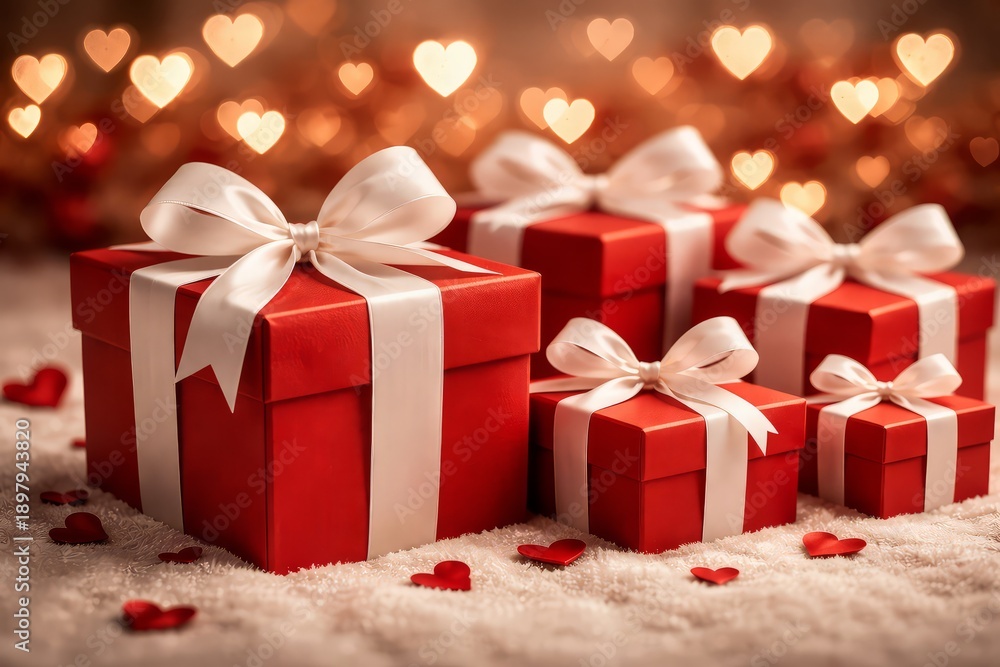 Obraz premium Red gift boxes with white ribbons and bows on a fuzzy surface with heart shaped lights 4K Video Resolution