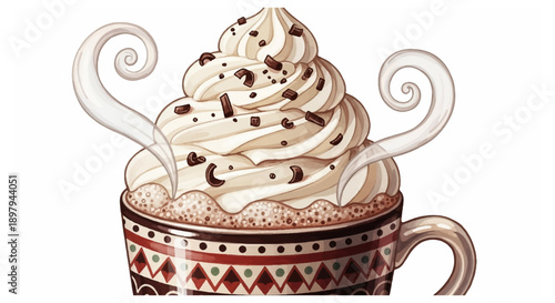 Whipped cream topped coffee drink in decorative mug with steam rising