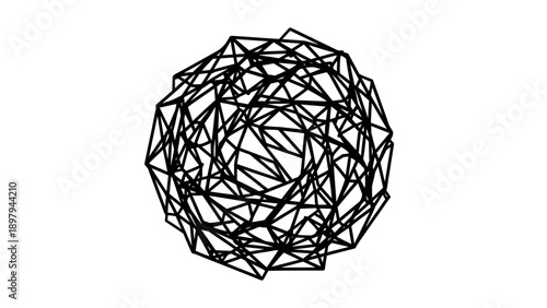 Abstract geometric sphere made of interconnected triangles, digital art, black and white
