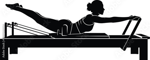 Woman Pilates reformer silhouette exercising on fitness machine, female workout concept, strength and flexibility training illustration, healthy lifestyle isolated on white background