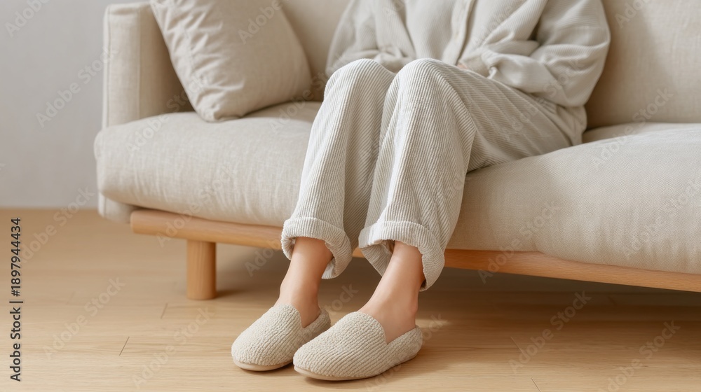 Fototapeta premium A person enjoys a peaceful moment while seated on a comfy sofa, wearing soft, fluffy slippers. The cozy atmosphere of the living room adds warmth to the tranquil afternoon
