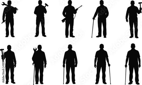 Worker silhouettes holding tools set, construction laborer and handyman poses, industrial job icons, black vector people isolated on white background