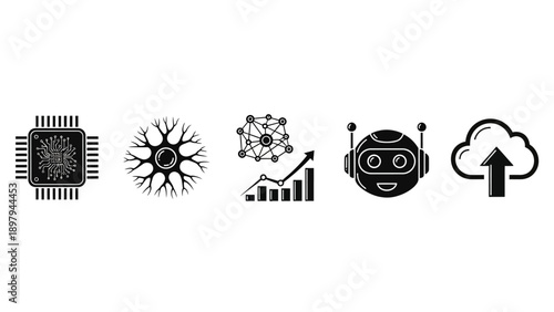 AI and Technology Icons: Chip, Neuron, Data, Robot, Cloud