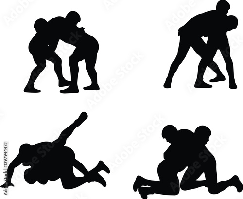 Wrestling silhouettes set, two athletes grappling in combat sport poses, black vector illustration of wrestling techniques and competitive fight scenes