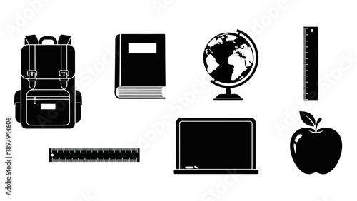 Back to School Supplies: Backpack, Book, Globe, Rulers, Laptop, Apple
