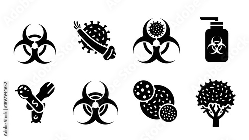 Biohazard Symbols, Virus, Bacteria, and Hand Sanitizer Icons Set