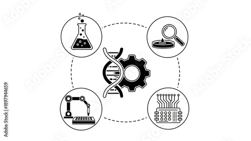 Biotechnology and Engineering Concept: DNA, Gear, Robotics, Lab, Chip