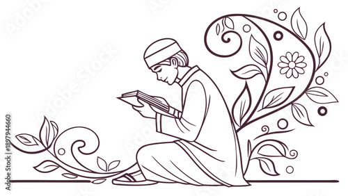 Young man engrossed in reading a book amidst decorative floral elements