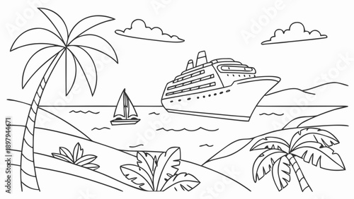 Tropical cruise ship sailing near a sailboat and palm trees on a sunny day.