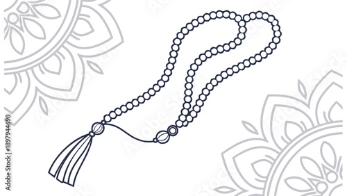 Serene prayer beads with elegant tassel on a mandala background, symbolizing peace and meditation.
