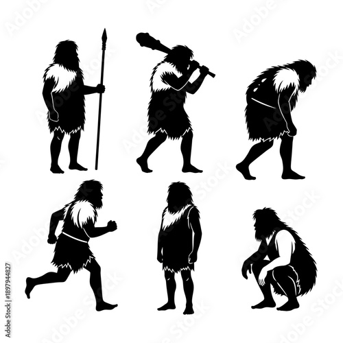 Caveman Silhouettes: Six Poses of Primitive Man in Black and White