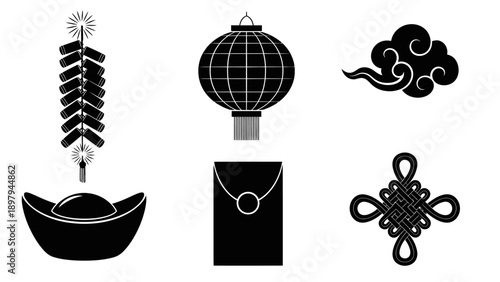 Chinese New Year Icons: Firecrackers, Lantern, Gold Ingot, Cloud, Knot, Red Envelope